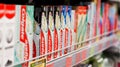 Toothbrushes and toothpaste are on the shelves of stores. Royalty Free Stock Photo
