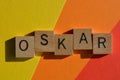 Oskar, business acronym in 3D wooden alphabet letters isolated on colourful background