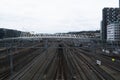 Oslo, Norway, September 2022: Oslo Central Station train tracks as seen from a pedestrian bridge from above.