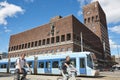 Oslo city center with town hall, tramway and bikes. Norway Royalty Free Stock Photo