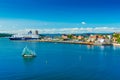 Beautiful aerial cityscape of the capital of Norway. Skyline with a cruise ship, modern sculpture and historical architecture