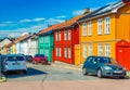 Oslo - June 2019, Norway: Colorful wooden houses on a street of Oslo. Traditional Norwegian architecture Royalty Free Stock Photo
