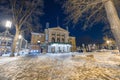 Oslo national theater during winter night time in february. Beautiful vintage building in oslo downtown, on a cold night. Snow and Royalty Free Stock Photo