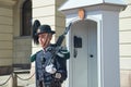 Guardsman, member of Hans Majestet Kongens Garde HMKG, on sentry duty at the Royal Palace in Oslo, Norway