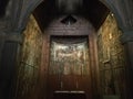 Oslo, Norway. August 25, 2017: Norwegian Folk Museum Norsk Folkemuseum. The internal ornament and the altar of the Viking church Royalty Free Stock Photo