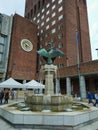 Oslo, Norway - August 24, 2017: View of the fountain and the city hall of Oslo. Oslo City Hall building with Nobel Peace Prize.