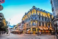 OSLO, NORWAY: People walking around in Karl Johans Gate, the famous street of Oslo in the evening Royalty Free Stock Photo