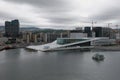 Oslo, Norway - Jun 15, 2012: Opera house and city on shore of sea bay Royalty Free Stock Photo