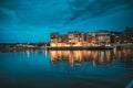 Oslo, Norway. Scenic Night Evening View Of Illuminated Residential Area District Downtown Sorenga. Royalty Free Stock Photo