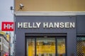 OSLO, NORWAY - MARCH, 26, 2018: Outdoor view of Helly Hansen name sign located in a wall of a store, in the streets of