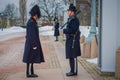 OSLO, NORWAY - MARCH, 26, 2018: Outdoor view of Royal Guards at The Royal Palace, official residence of the present Royalty Free Stock Photo