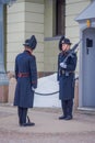 OSLO, NORWAY - MARCH, 26, 2018: Outdoor view of Royal Guards at The Royal Palace, official residence of the present Royalty Free Stock Photo