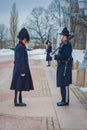 OSLO, NORWAY - MARCH, 26, 2018: Outdoor view of Royal Guards at The Royal Palace, official residence of the present Royalty Free Stock Photo