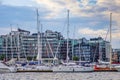 Oslo, Norway - Modern residential quarter of Tjuvholmen with yachts and piers in Aker Brygge borough of Oslo at Oslofjord sea Royalty Free Stock Photo