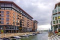 Oslo, Norway - Modernistic Aker Brygge residential district of Oslo with along Bryggetorget and Bolette Brygge streets at the pier Royalty Free Stock Photo