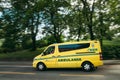 Oslo, Norway. Moving With Siren Emergency Ambulance Reanimation Mercedes Benz Van Car On Street.
