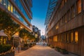 Oslo, Norway. Night View Embankment And Residential Multi-storey Houses In Aker Brygge District. Summer Evening