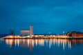 Oslo, Norway. Night View Embankment And Sea Port Terminal In City Center In Oslo, Norway. Summer Evening. Lights Royalty Free Stock Photo