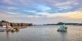 Oslo, Norway - Panoramic view of Bjorvika district at Oslofjord sea waterfront with She Lies - Hun Ligger - steel and glass Royalty Free Stock Photo