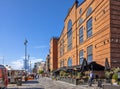 Oslo, Norway - Panoramic view of modernistic Aker Brygge district of Oslo along Stranden boulevard at the Oslofjorden shore Royalty Free Stock Photo