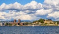 Oslo, Norway - Panoramic view of Oslo waterfront with Akershus Fortress, City Hall and Aker Brygge borough at Pipervika harbor Royalty Free Stock Photo