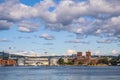 Oslo, Norway - Panoramic view of Oslo waterfront with City Hall, Aker Brygge and Tjuvholmen borough at Pipervika harbor Royalty Free Stock Photo