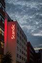 Oslo Norway Scandic hotel sign at the facade of the hotel building in the sunset at evening Royalty Free Stock Photo