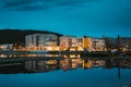 Oslo, Norway. Scenic Night Evening View Of Illuminated Residential Area District Downtown Sorenga. Royalty Free Stock Photo