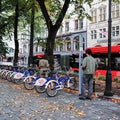 Bicycles in a rental station at Karl Johans Gate, OSLO, NORWAY