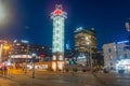 Jernbanetorget square with illuminated clock tower on Ruter Help Center Public Transport at night