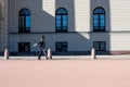 Oslo, Norway - September, 21, 2019: Royal guard of Norwegian army marching near the Royal Palace in Oslo