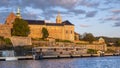 Oslo, Norway - Sunset view of medieval Akershus Fortress - Akershus Festning - historic royal residence at Oslofjorden sea shore Royalty Free Stock Photo