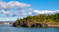 Panoramic view of Hovedoya island of Oslofjord harbor near Oslo, Norway, with historic XIX century Napoleonic war cannons battery