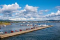 Oslo, Ostlandet / Norway - 2019/09/02: Panoramic view of Lindoya island marina on Oslofjord harbor with metropolitan Oslo, Norway