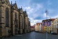 OsnabrÃÂ¼ck, Lower Saxony, Germany, June 5, 2021. St. Marien church and facedes of old houses on the Market square in the Royalty Free Stock Photo