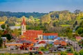 OSORNO, CHILE, SEPTEMBER, 23, 2018: Above view of the church on the background of the river, Puerto Octay