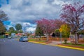 OSORNO, CHILE, SEPTEMBER, 23, 2018: Outdoor view of park of dowtown with some trees in a cloudy day with some cars