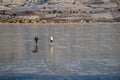 Osoyoos, British Columbia, Canada - December 31, 2021: Skaters on a frozen lake in winter