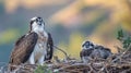 Osprey Parent and Chick in Nest at Golden Hour Royalty Free Stock Photo