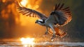 Osprey sunset flight fishing river bokeh Royalty Free Stock Photo
