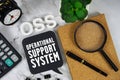 OSS Operational Support System text with Calculator, alarm clock and magnifying glass on marble background Royalty Free Stock Photo