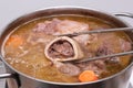 Osseous Tissue and bone broth in soup pot, close-up. Beef boullion.