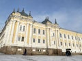 Ostashkov, Russia, January, 06.2020. People walking nea rNilo-Stolobenskaya Nilov hermitage-Orthodox monastery in winter in clou