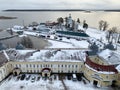 Ostashkov, Tver region, Russia, January, 07, 2020. Buildings of the Nilo-Stolbenskaya desert on Stolobny island and Seliger lake i Royalty Free Stock Photo