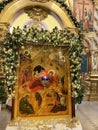 Ostashkov, Tver region, Russia, January, 06, 2020. Icon decorated for Christmas in Virgin female Zhitenev Bogoroditsky Zhitenny