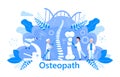 Osteopath vector concept. Osteoporosis world day,. Tiny doctors research osteoarthritis anatomical bones of human. Joint pain,