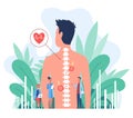 Osteopathy spine pain treatment. Patient male standing back, doctors looking at her spine flat vector illustration