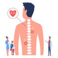 Osteopathy spine pain treatment. Patient male standing back, doctors looking at her spine flat vector illustration
