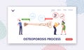 Osteoporosis Process Landing Page Template. Tiny Male Female Characters with Bones Disease near Huge Bone Cross Section