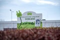 The banner of Lidl supermarket which provides free charging of electric battery cars